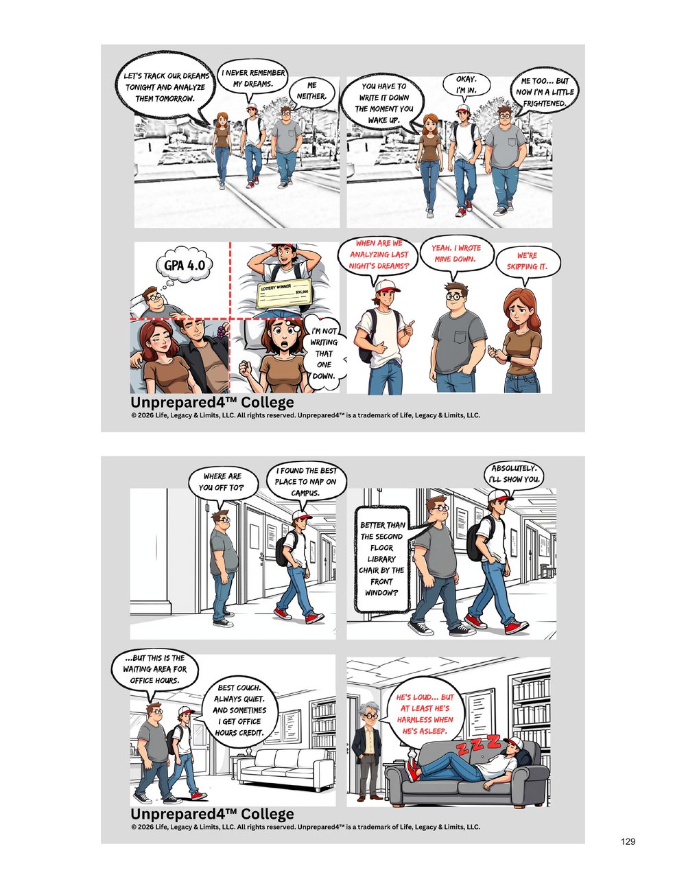 Unprepared4 College Year One interior page 129 featuring strips 257 and 258