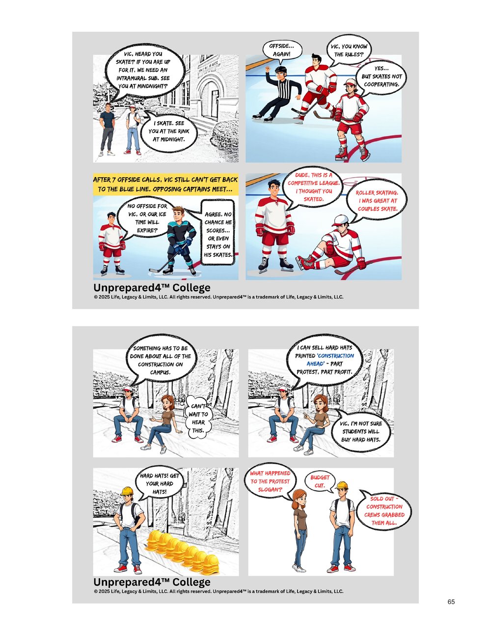 Unprepared4 College Year One interior page 65 featuring strips 129 and 130